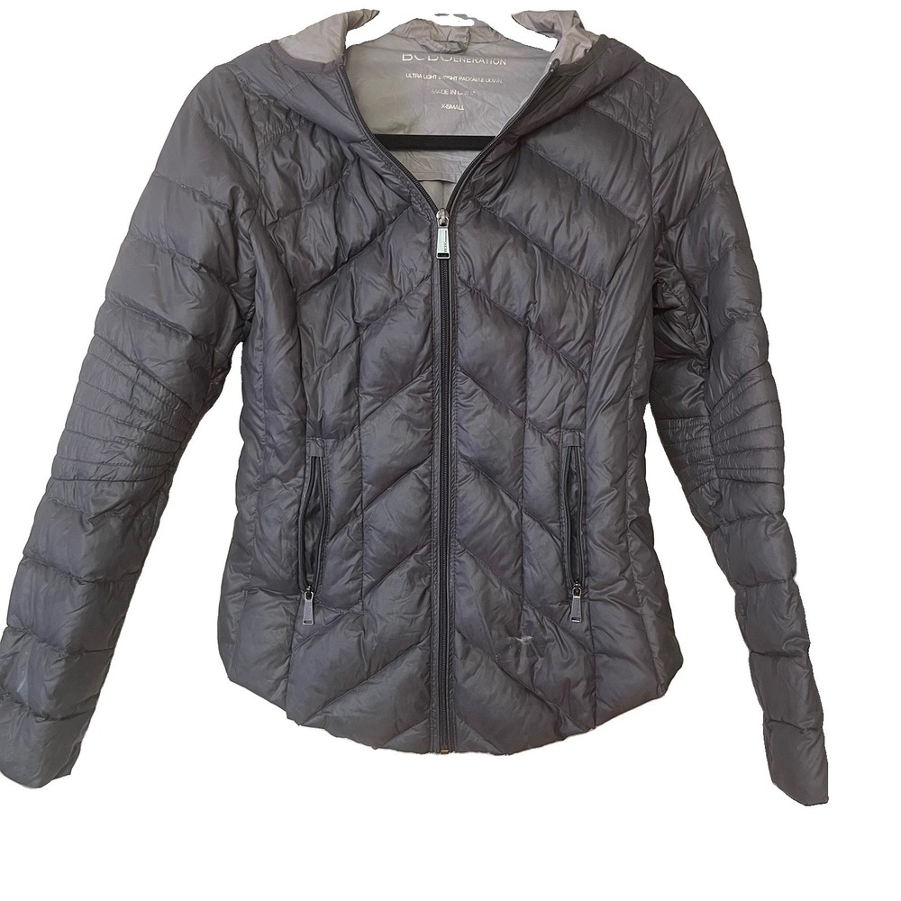 BCBG Ultra Lightweight Gunmetal Packable Down Hooded Puffer Jacket Womens XS